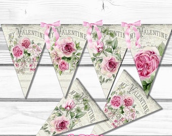 Romantic Pink Watercolor Roses Valentine's Day Banner, Garland, Party Decor, Vintage, Pennant Flag, Tags, Happy Valentines Day, Ephemera