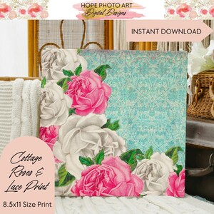 Cottage Roses and Lace Print, Decoupage Paper, Digital, Pink Floral, Shabby Chic Decor, Junk Journal, Rice Paper, Image Transfers, Scrapbook