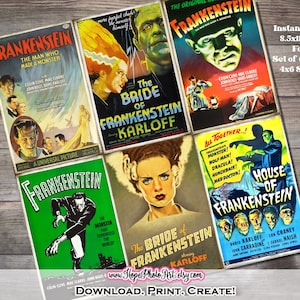 Frankenstein Halloween Cards, Retro Classic Horror Movie, Frankenstein&#39;s Bride, junk journal, scrapbooking, Vintage, Treat Tag, Party Favor