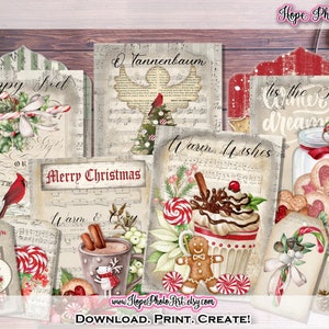 Printable Christmas Cards, Vintage Candy Cane, Gingerbread Cookies, Peppermint, Cardinal, Tags, Envelopes, Junk Journal, Fussy Cut Clipart image 1