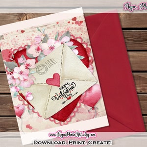 Carte de Saint-Valentin, lettre d'amour, rose minable, valentines, collègues, meilleurs amis, imprimer et plier, ballons coeur, floral, imprimable