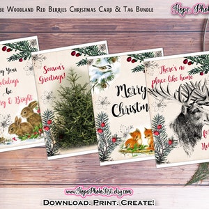 Cartes de Noël des bois, nature, fruits rouges, lot de 6 avec étiquettes cadeaux, fabrication de cartes à faire soi-même, renard, orignal, cerf, lapin, Noël, A9
