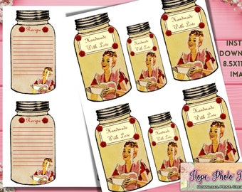 Retro Mason Jar Tags and Recipe Cards, Handmade With Love, Food Labels, Canning, Primitive Farmhouse, Food Gift, Scrapbooking, Gift Tags