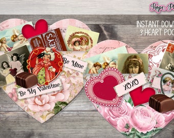 Valentine's Day Heart Loaded Pocket Tags, Shabby Pink, Vintage Ephemera, Chocolate, Fussy Cut, Cards, Romantic, Victorian, Galentines