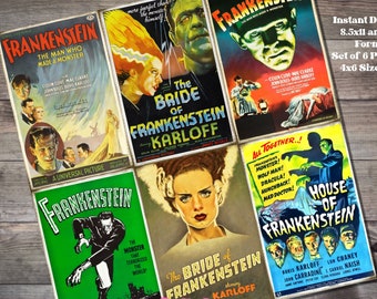 Frankenstein Halloween Cards, Retro Classic Horror Movie, Frankenstein's Bride, junk journal, scrapbooking, Vintage, Treat Tag, Party Favor