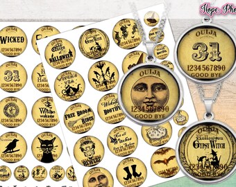 May include: A set of 20 printable round digital paper designs featuring a vintage style Ouija board theme. The designs include various images and text, such as "Ouija", "Wicked", "Halloween", "Gypsy Witch", "Free Broom Rides", and "Not All Witches Are In Salem".