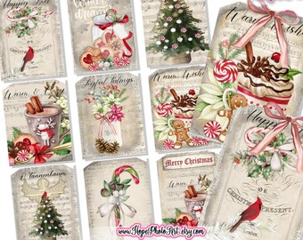 Christmas Tags, Vintage Candy Cane, Gingerbread Cookies, Peppermint, Cardinal, Junk Journal, Hot Cocoa, Christmas Tree, Latte