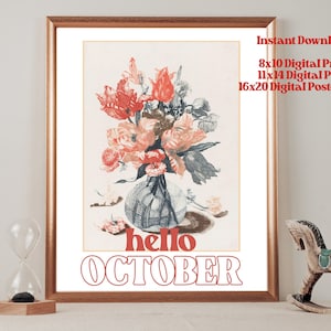 Hola octubre, Floral, Decoración de otoño, 8x10, 11x14, 16x20 Impresión de mercado de flores, Cartel de otoño, Impresión de otoño, Boho, 70s, Retro, Hierro en transferencia