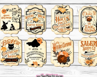 Halloween Tags Labels, Hocus Pocus, Vintage Apothecary, Orange and Black, Junk Journal, Scrapbooking, Quotes, Raven, Sleepy Hollow