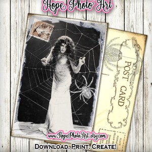 Printable Halloween Card, Vintage, Spiderweb, Woman, Postcard 4x6, junk journal, gypsy, witch decor, greeting cards, scrapbooking, gothic image 1