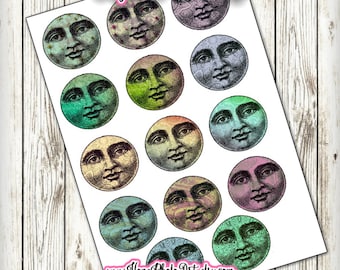Halloween Moon, Full Moon Face, 2 inch Circles, Junk Journal, Tags, rounds, stickers, jewelry, scrapbooking, magnets, buttons, key chain