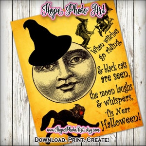 Collage stampabile di Halloween quando le streghe vanno a cavallo, luna, trasferimento da stirare, scrapbooking, diario spazzatura, gatto nero, manico di scopa, segno della strega