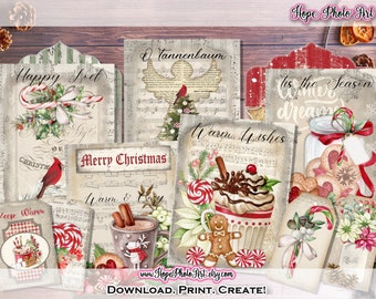 Printable Christmas Cards, Vintage Candy Cane, Gingerbread Cookies, Peppermint, Cardinal, Tags, Envelopes, Junk Journal, Fussy Cut Clipart
