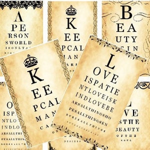 Puede incluir: Seis tarjetas de prueba de la vista de estilo vintage con un diseño de corona y las palabras "El amor es paciente, el amor es bondadoso" en texto negro sobre un fondo beige.