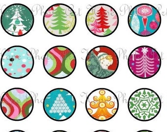 Printable Retro Christmas 1 Inch Circle Digital Collage Sheet bottle cap pendants resin jewelry bezel cabachon scrapbooking trees snowflakes