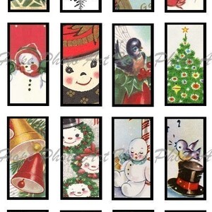 Printable Christmas Tags, 1x2 Domino, Retro Vintage Snowman, Snow Birds, Christmas Trees, Digital Collage, pendants, jewelry, scrapbooking image 3