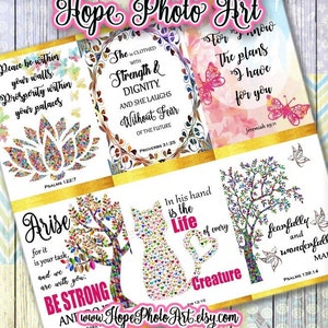 May include: A set of six printable digital art prints featuring inspirational quotes and colorful floral designs. The quotes include "Peace be within your walls", "She is clothed with strength and dignity", "For I know the plans I have for you", "Arise for it is your task", "In his hand is the life of every creature", and "Fearfully and wonderfully made".