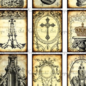 Printable French Ornamental Tags, 2.5x3.5, Digital Collage, pocket cards, junk journal cards, scrapbooking, birds, chandelier, cross, crowns image 3