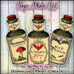 May include: Three vintage-style potion bottle stickers with labels reading "Toadstool Clippings," "Vampire Blood," and "Bat Wings." Each bottle has a red cap and decorative label. The image includes the text "Hope Photo Art" and "Download. Print. Create!"