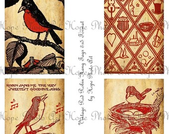 Printable Red Robin Tweety Birds 3x5 Vintage Tags Digital Collage Sheet scrapbooking pocket cards journal tags atc birdnest