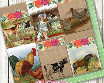 Farm Girl Junk Journal Cards, Vintage Farm Animals Ephemera (Digital Download)