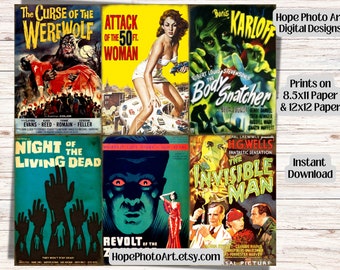 Retro Horror Movie Poster Collage, Zombie, Werewolf (Digital Files)