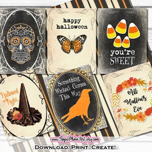Vintage Gothic Halloween Cards, Tags, Scrapbooking Kit, Junk Journal, Witch Decor, Candy Corn, Raven, Ghost, Skull, Pumpkins, Candy Tags