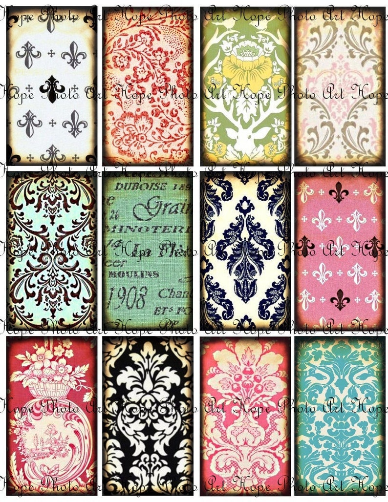 Junk Journal, French Damask Tags, Fleur De Lis, Scrapbooking, Shabby Chic, Vintage Fabric, Cottagecore, Floral, Ephemera, French Ephemera image 3