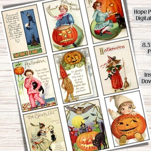 May include: A sheet of vintage Halloween-themed ephemera featuring various illustrations. The images include children with pumpkins, black cats, witches, and spooky scenes. The text includes "Halloween" and "The Black Cat". The paper size is 8.5x11 inches.