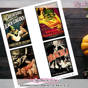 Printable Vintage Halloween, Horror Movie Monster Cards, Digital Collage, journal cards, junk journal, scrapbooking, Dracula, Frankenstein