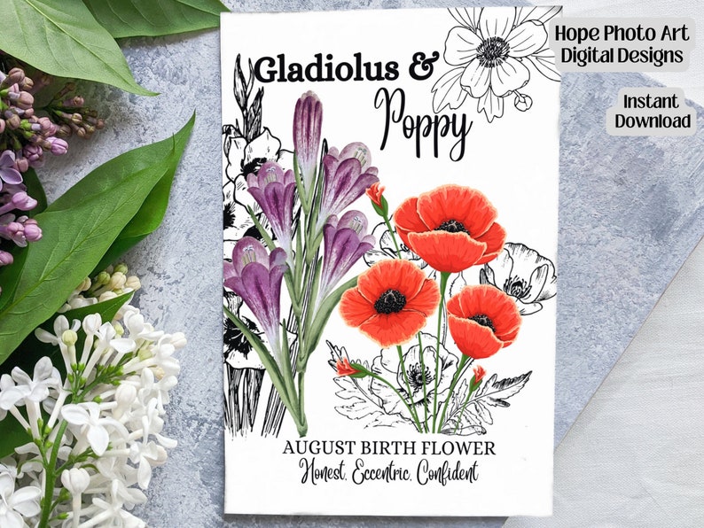 Printable August Birth Flower 5x7 Card Kit Birthday Flower Etsy