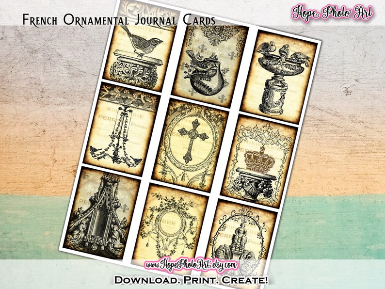 Printable French Ornamental Tags, 2.5x3.5, Digital Collage, pocket cards, junk journal cards, scrapbooking, birds, chandelier, cross, crowns image 1