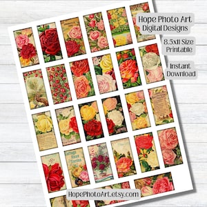 Dia dos Namorados Cottage Roses, Rose Garden 1x2 Tags, Junk Journal, dominó, joias, scrapbooking, cartões de dia dos namorados, enfeites