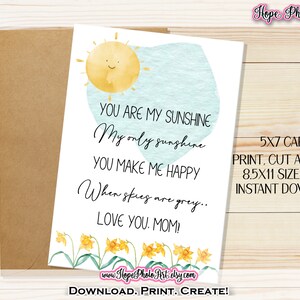 Happy Mother's Day Card, je bent mijn zonneschijn, 5x7, afdrukbaar, narcissen, mama, bloemen, Kids Mother's Day Card, lied, aquarel, verjaardag A7