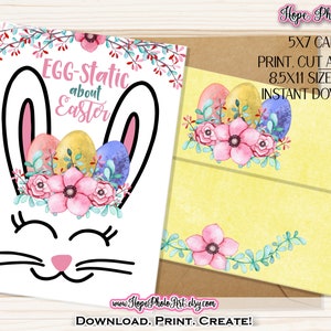 Easter Card for Kids, w/ Matching Envelope, 5x7 Bunny Ears, Rabbit, Junk Journal, Watercolor, Digital Collage, Speckled Eggs, Printable, A7