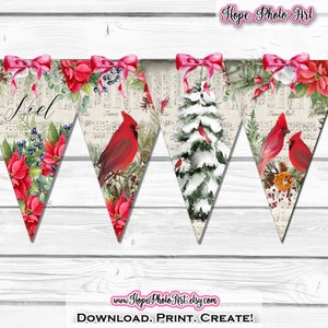 Banner de Natal do Cardeal da Neve, Guirlanda, Vintage, Árvores de Natal, Poinsétias, Floresta, Fazenda, Rústico, Junk Journal, Decoração de Natal