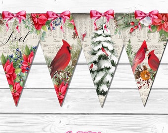Snow Cardinal Christmas Banner, Garland, Vintage, Christmas Trees, Poinsettias, Woodland, Farmhouse, Rustic, Junk Journal, Christmas Decor