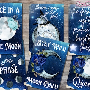 Tarjetas lunares, Halloween, Conjunto de 6 con sobre a juego, Búho, Luna llena, Luna azul, Manténgase salvaje, Celestial, Fase lunar creciente, Gitano
