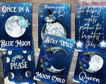 Moon Cards, Halloween, Set of 6 w/Matching Envelope, Owl, Full Moon, Blue Moon, Stay Wild, Celestial, Crescent Moon Phase, Gypsy