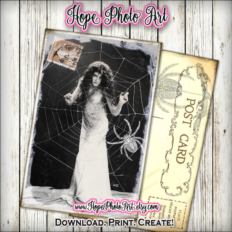 Printable Halloween Card, Vintage, Spiderweb, Woman, Postcard 4x6, junk journal, gypsy, witch decor, greeting cards, scrapbooking, gothic image 1