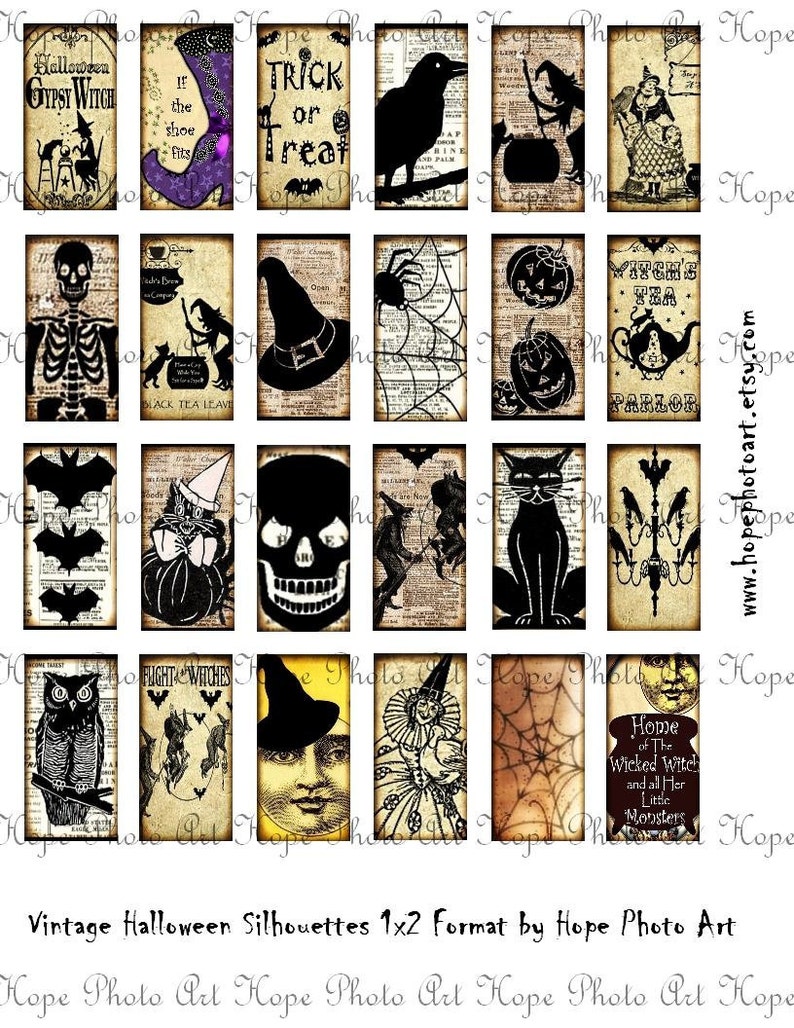 Vintage Gypsy Witch Halloween Domino Tags, 1x2, Silhouettes, Digital Collage, pendants, jewelry, scrapbooking, cat, owl, raven, skull, moon image 3