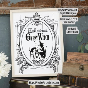 Bruja gitana de Halloween vintage imprimible, hierro en transferencia, scrapbooking, diario basura, adivinación, decoración de brujas, PNG gótico, sublimación