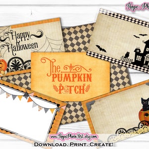 Op de afbeelding: Set met printbare Halloween-feestkaarten met een oranje-zwarte geruite achtergrond. De kaarten bevatten afbeeldingen van een pompoen, een zwarte kat, een spookhuis en een kind in een pompoenkostuum. De tekst op de kaarten luidt "Happy Halloween" en "The Pumpkin Patch".