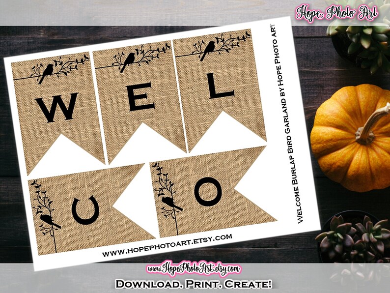 Printable Farmhouse Welcome Burlap Banner, 3x4.5 pennant flag, home decor, garland, scrapbooking, autumnrustic, birds, garland, Fall decor image 3