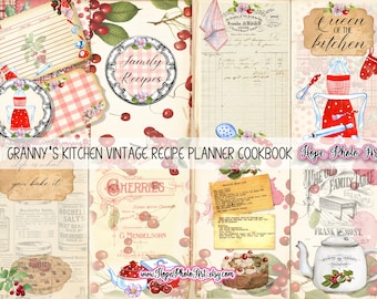 Vintage Cherry Cookbook Junk Journal, Recipe Cards, Pantry Labels (Digital)