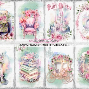 Puede incluir: Un conjunto de ocho imágenes digitales imprimibles con un tema de cuento de hadas. Las imágenes incluyen un libro, una silla, un castillo, un carruaje, una torre, una pila de libros, un carruaje y un hada en un marco. Las imágenes están en un estilo de acuarela con colores rosa, azul y verde.