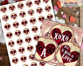 Printable Steampunk Valentine 1 Inch Circles, Love, Digital Collage, bottle cap, pendant, jewelry, bezel, cabochon, scrapbooking, monograms