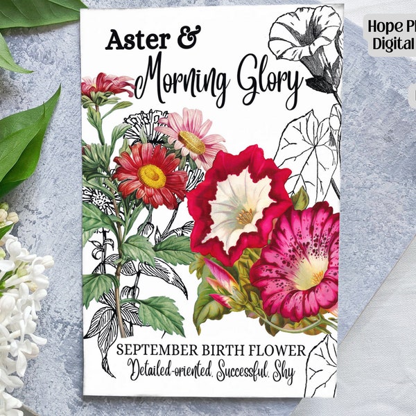 September Birth Flower, 5x7 Card Kit, Birthday Flower Card, Junk Journal, Wildflowers, Aster, Morning Glory, Gift Tag, Flower Clipart