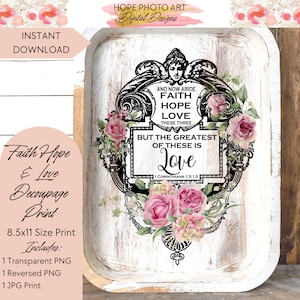 Decoupage Wiara Nadzieja Miłość, Pismo Święte Koryntian, Vintage, Wystrój Shabby Chic, Dziennik śmieci, Papier ryżowy, Transfery obrazów, Scrapbooking