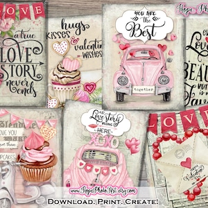 Druckbare Valentinstagskarten, rosa, 14er Set, Liebe, Cupcake, Schokolade, Desserts, Herzen, Shabby, Junk Journal, Tags, Best Friends, DIY